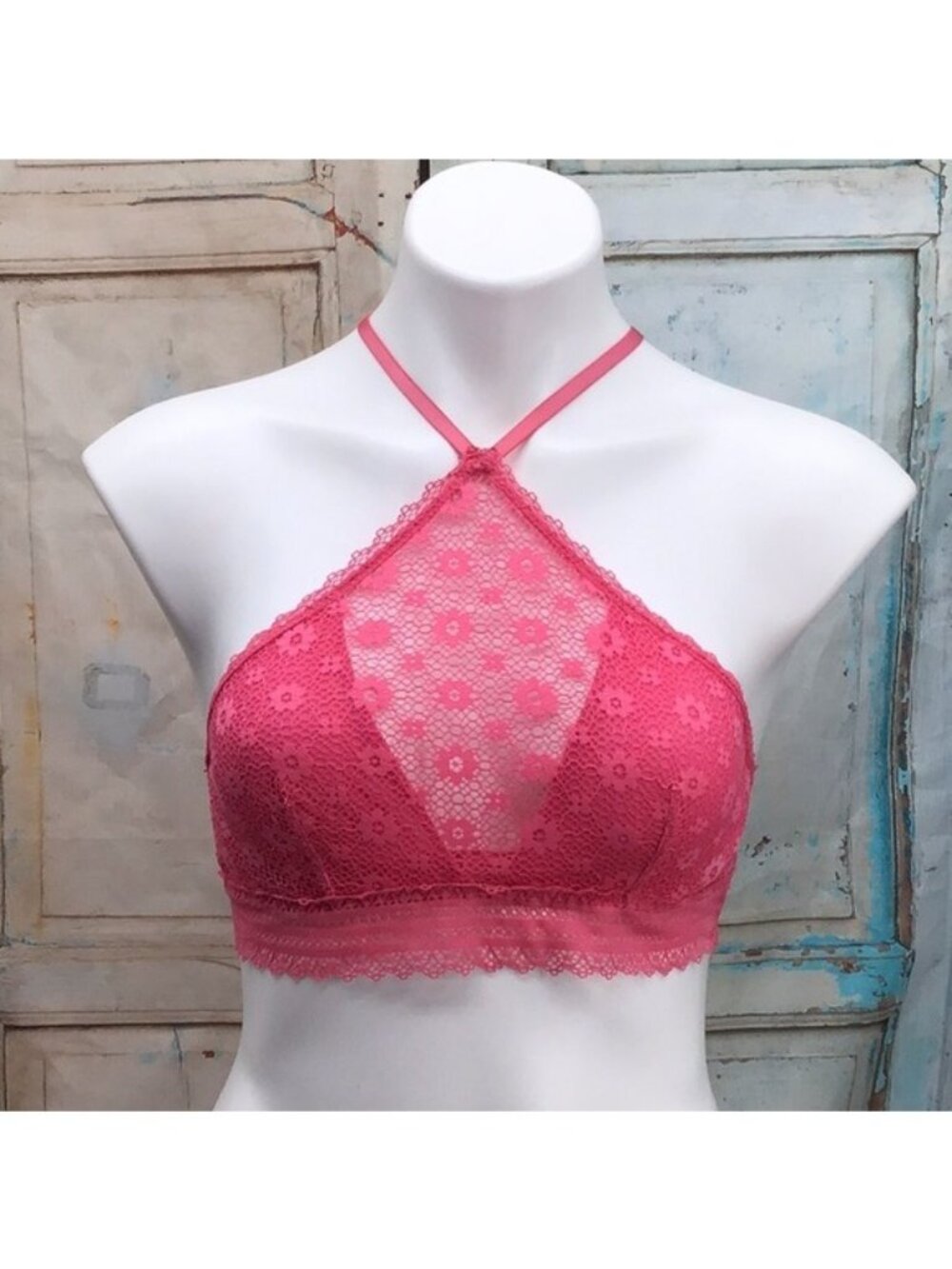 Victorias Secret Pink Lace Halter Bralette Size S Adjustable Straps Floral Mesh